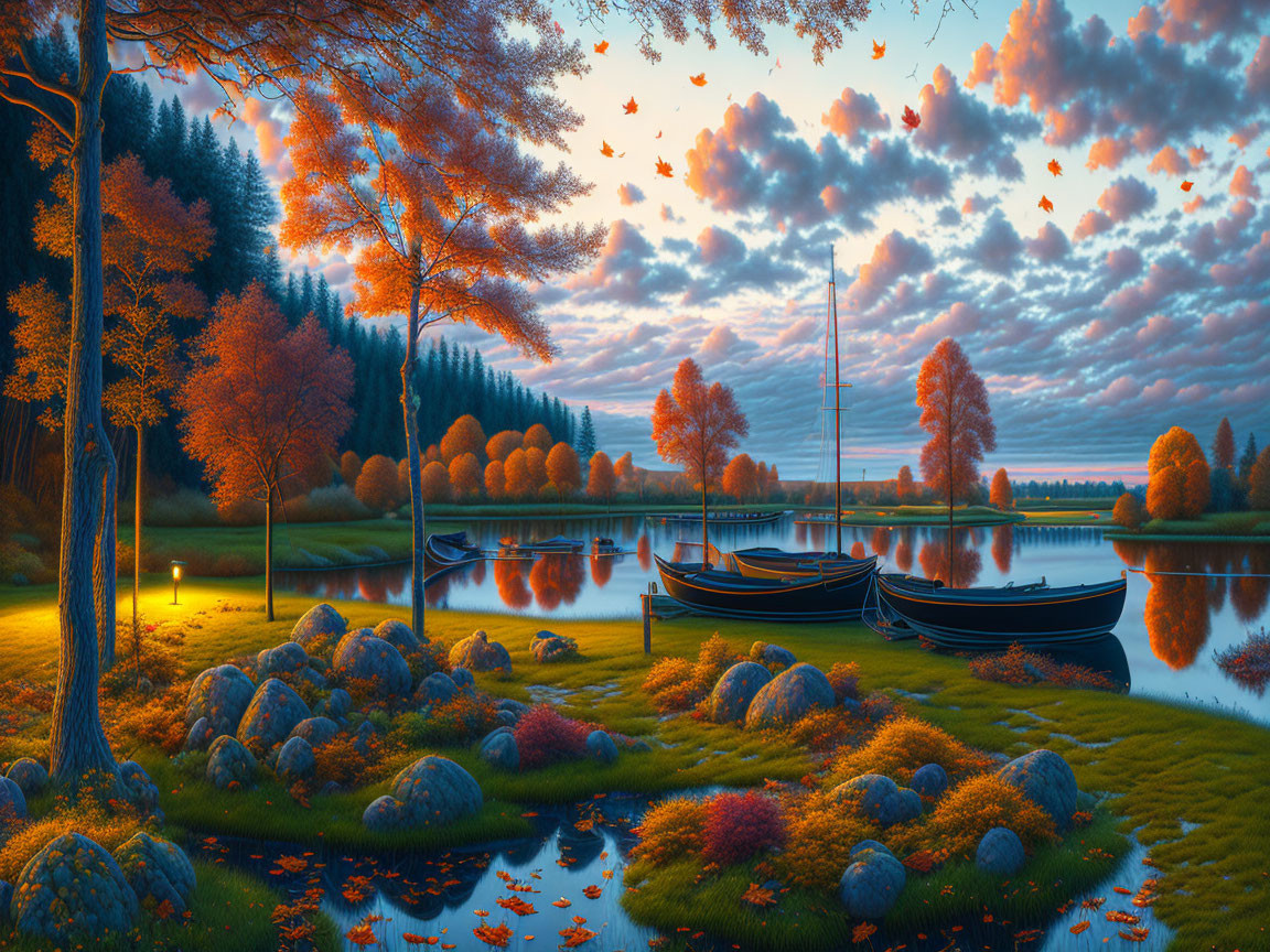 Colorful Autumn Landscape with Lake and Boats