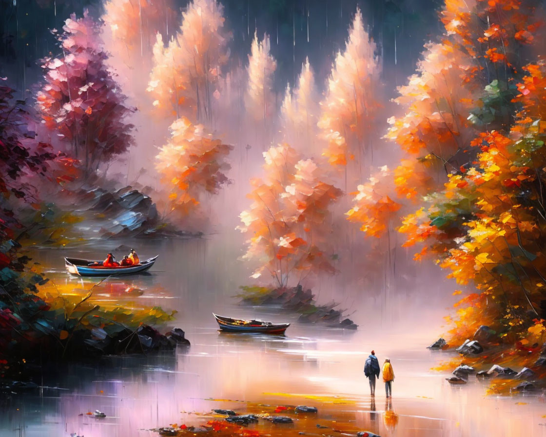 Serene river scene with autumnal trees and boats