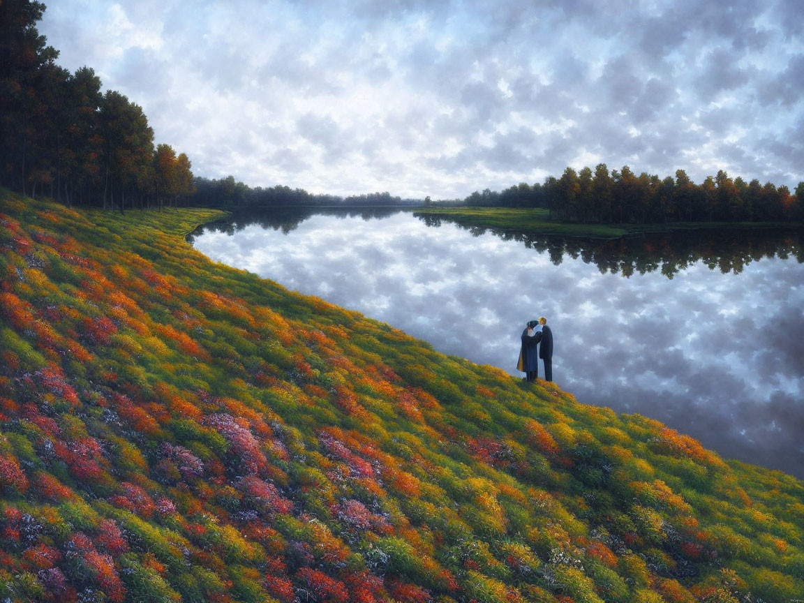 Couple on Vibrant Flower Hill Overlooking River