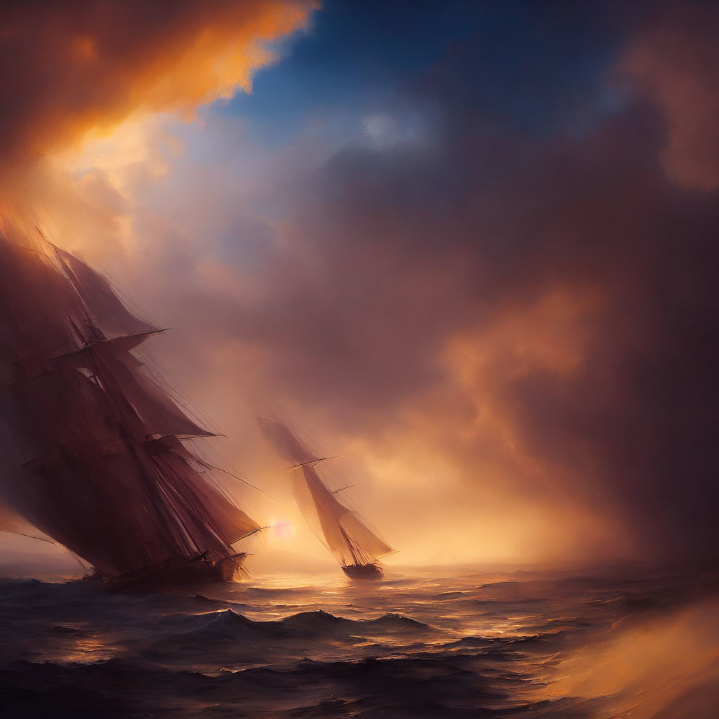 Sailing ships in turbulent seas under dramatic sky with warm hues