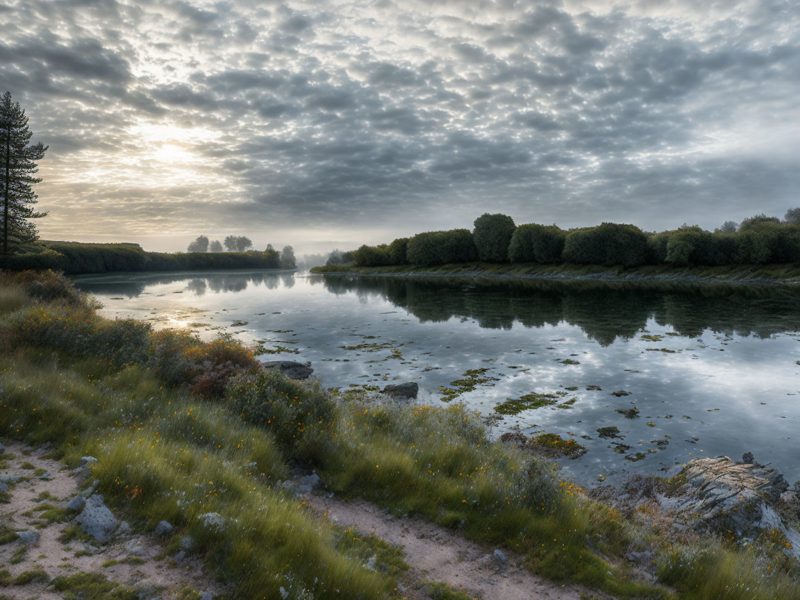 Tranquil river landscape at dawn with reflective water and misty horizon