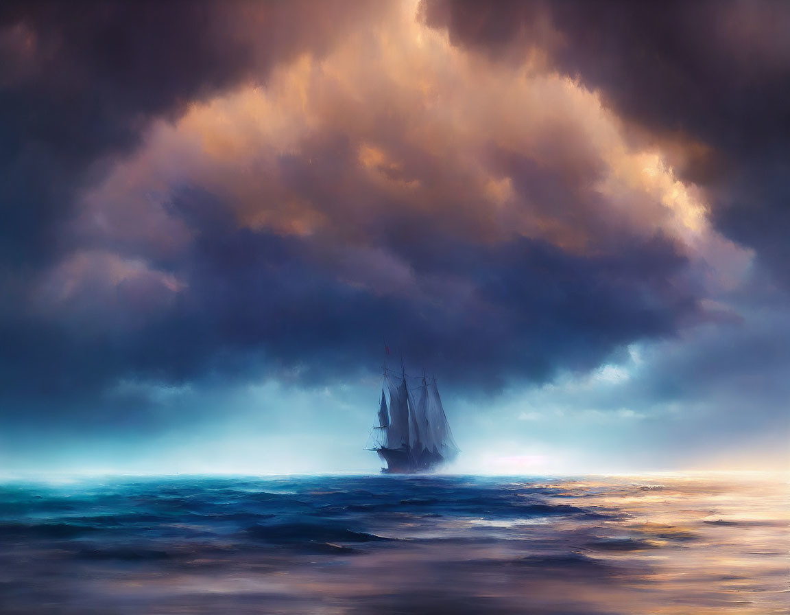 Tall ship sailing in misty waters under dramatic storm clouds