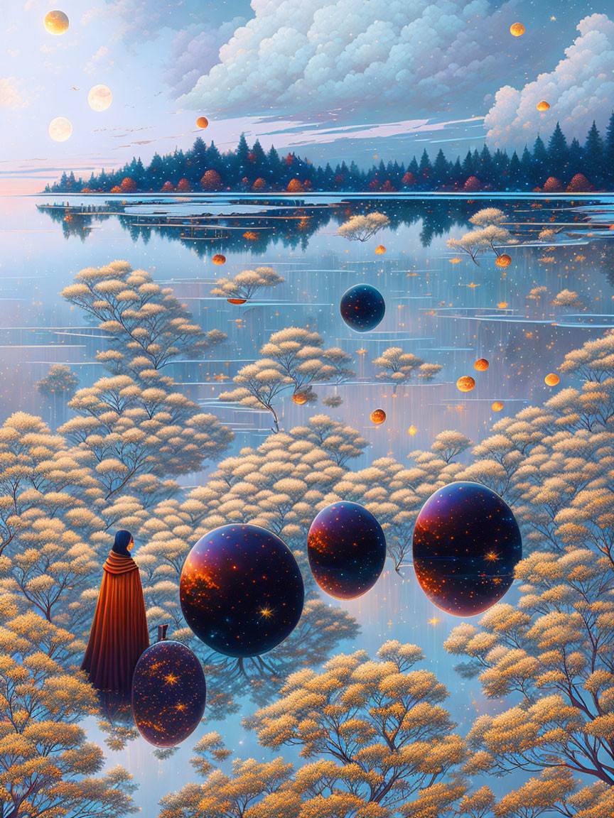 Surreal landscape with reflective lake, golden trees, and floating starry spheres