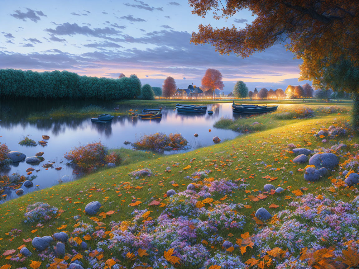 Tranquil lake with rowboats, autumn trees, meadows, and sunset glow