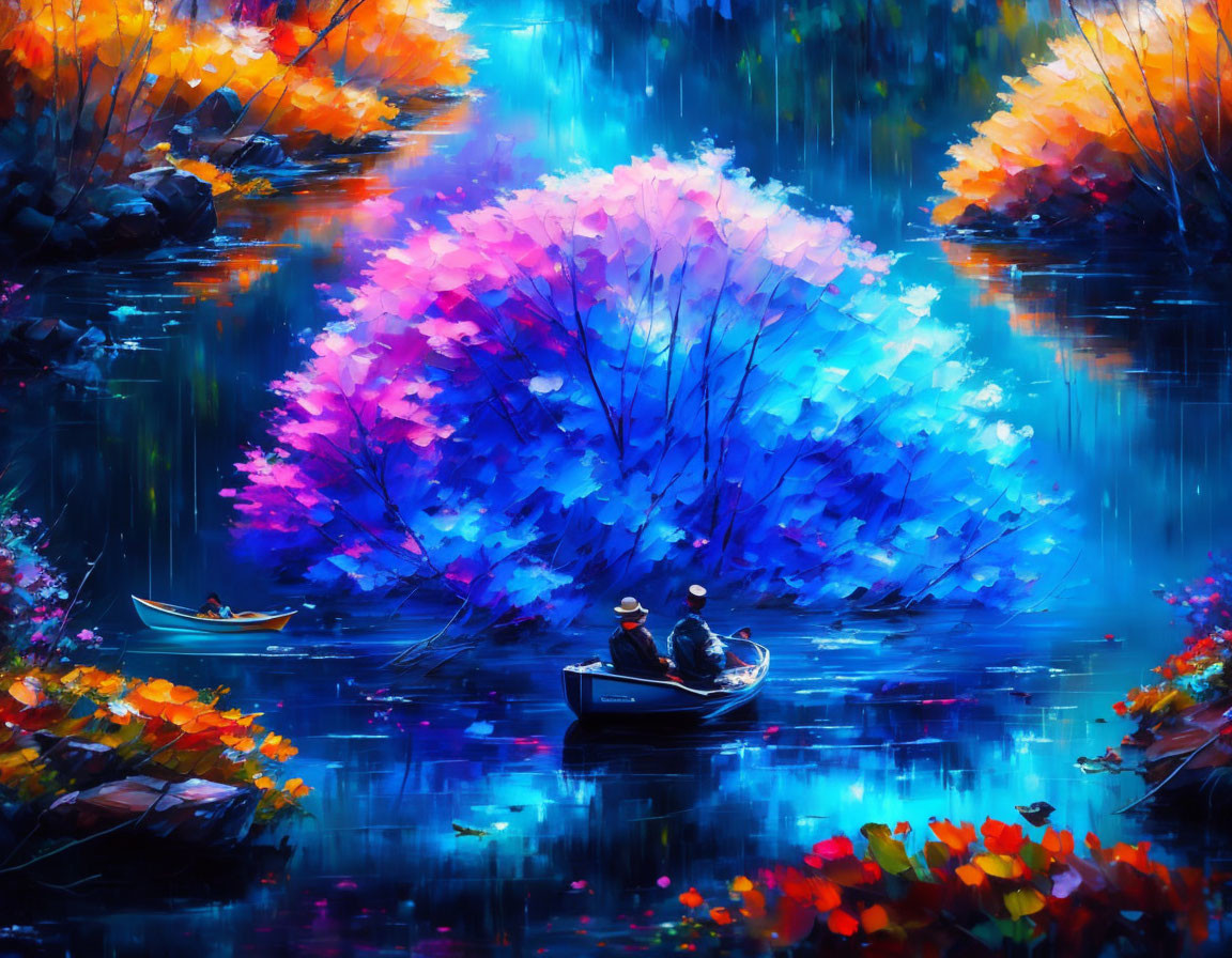 Colorful painting of couple in boat under luminous tree canopy, reflecting in blue water, surrounded by