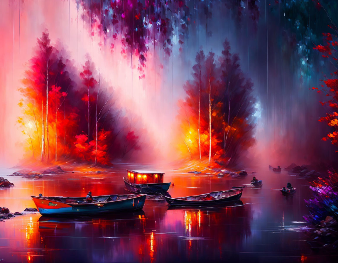 Colorful surreal landscape with boats on reflective water