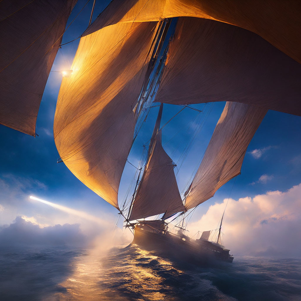 Sailing ship with billowing sails on golden-lit sea