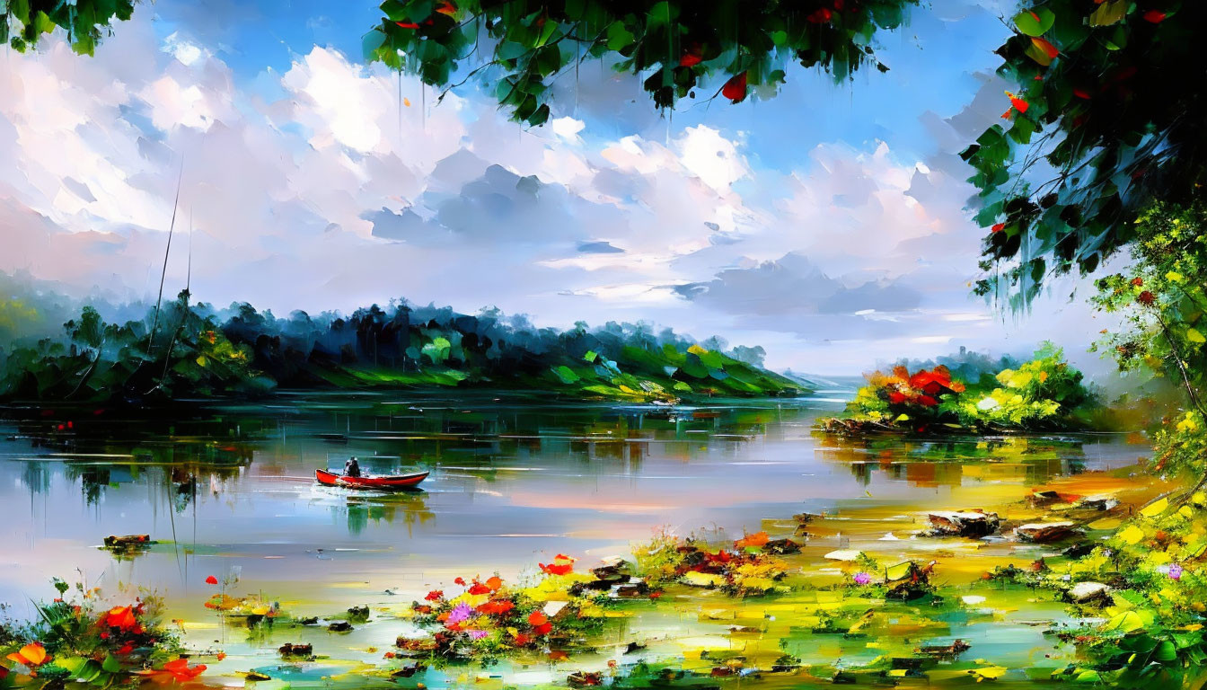 Impressionistic painting of tranquil river scene with lone boat