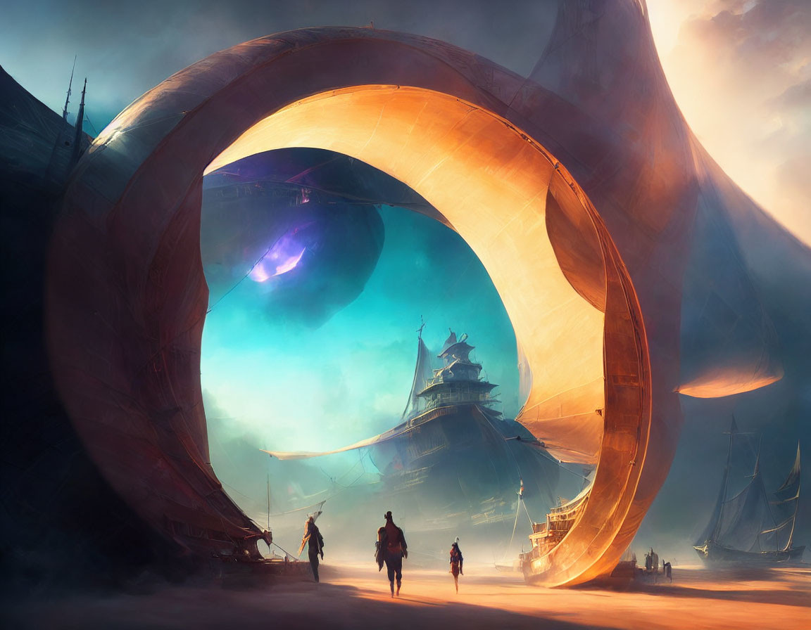 Futuristic sci-fi landscape with giant ring structure and silhouetted figures