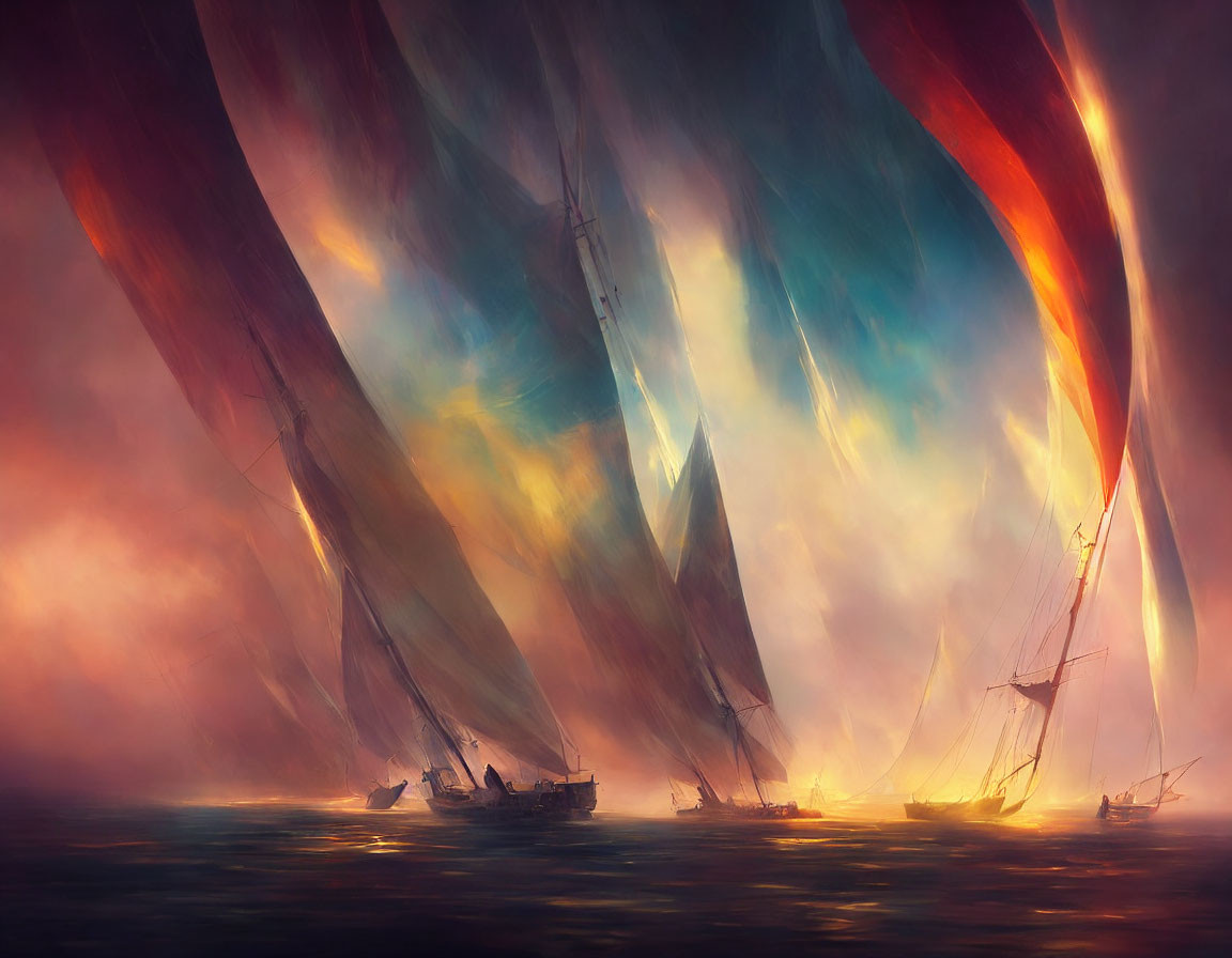 Sailing ships in colorful fog with surreal aurora lights