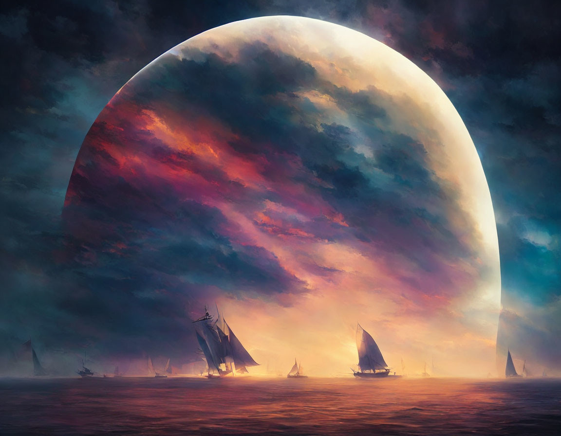 Surreal moon rising over sailing ships on calm sea