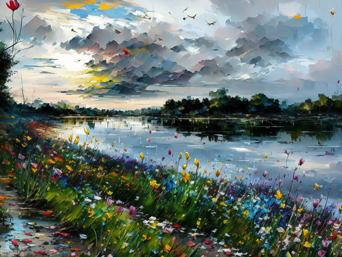 Colorful Impressionist-style Lakeside Painting with Flowers and Dramatic Sky