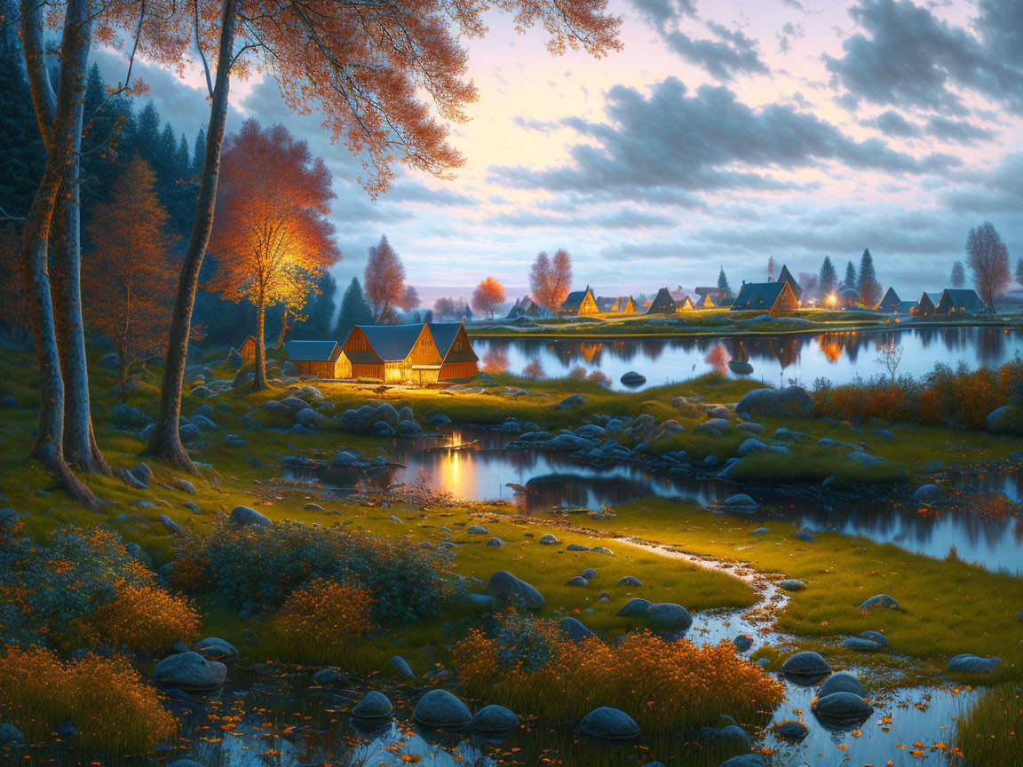 Tranquil village by lake at sunset with warm lights, autumn trees & serene landscape