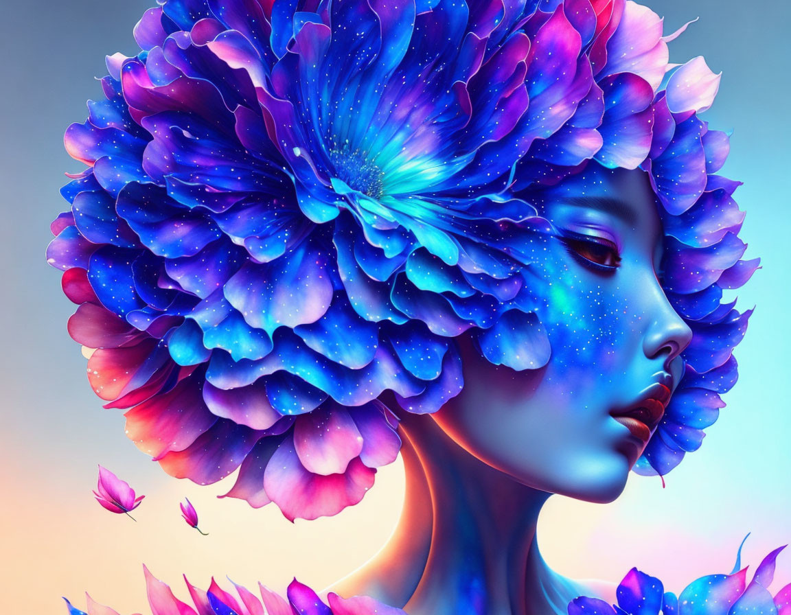 Colorful digital artwork: Woman with floral head, blue and purple tones, pastel background