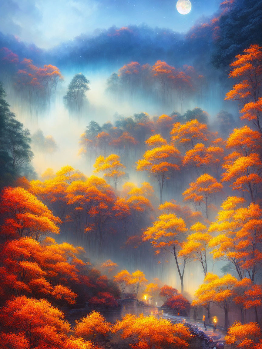 Vibrant orange autumn forest in moonlit fog