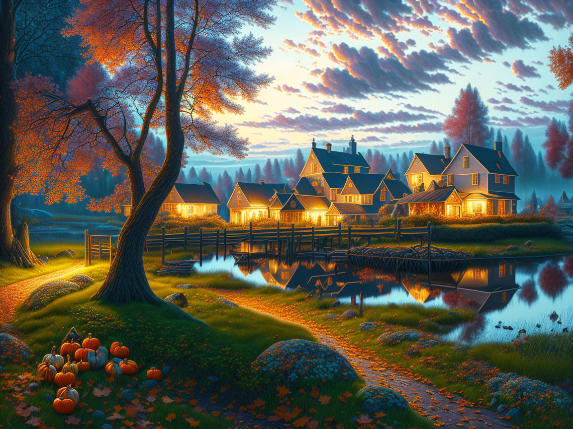 Tranquil autumn village with cozy houses, pond, bridge, and pumpkins