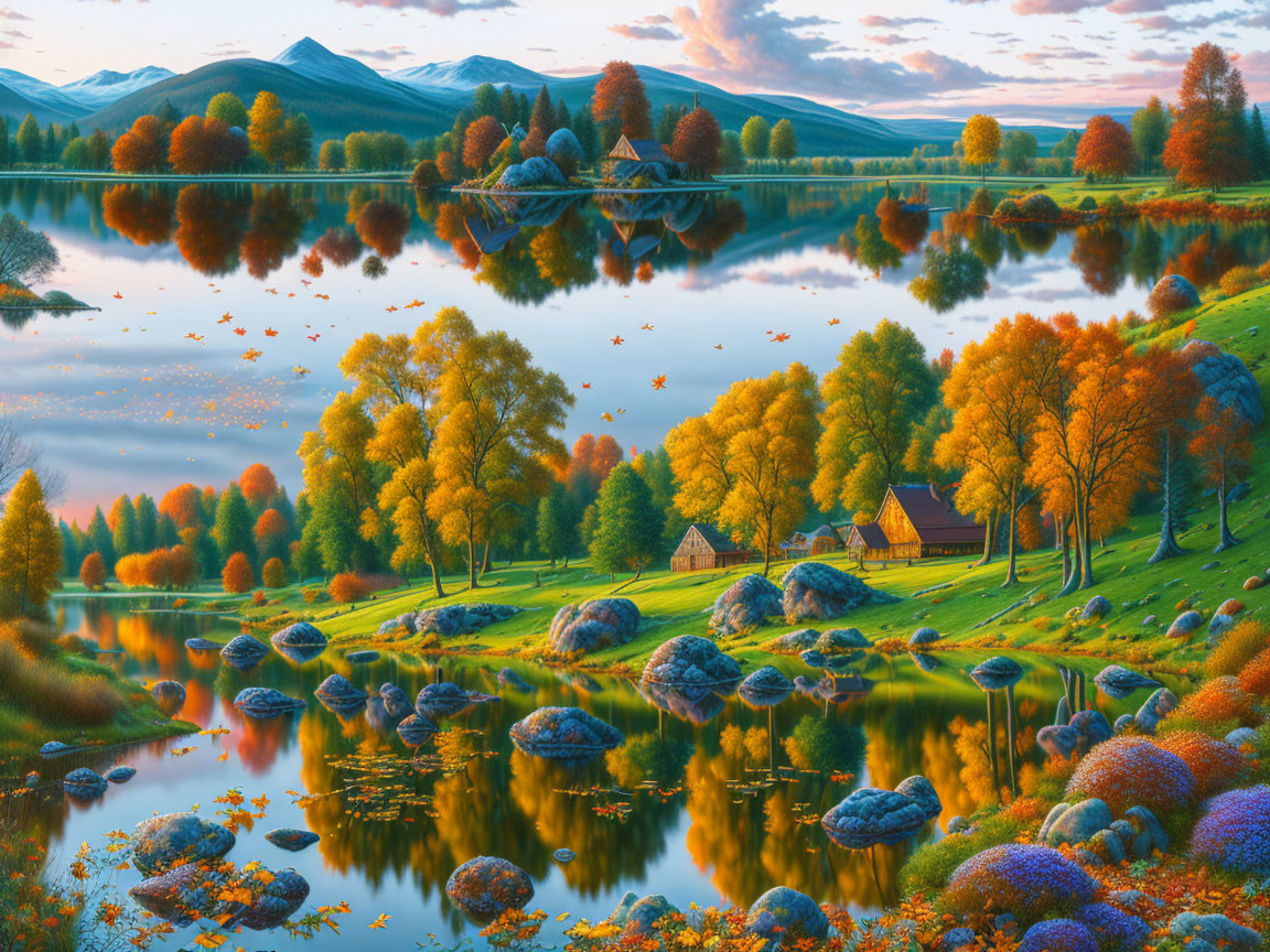 Tranquil Autumn Landscape with Lake, Trees, House, and Mountains