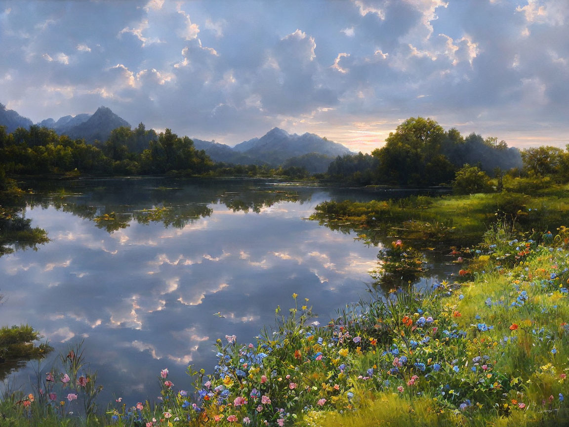 Tranquil sunset lake scene with mountains & wildflowers