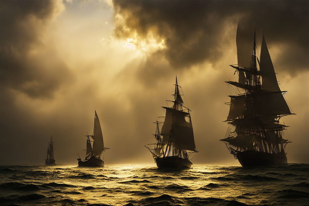 Historic tall ships sailing turbulent seas under dramatic sky.