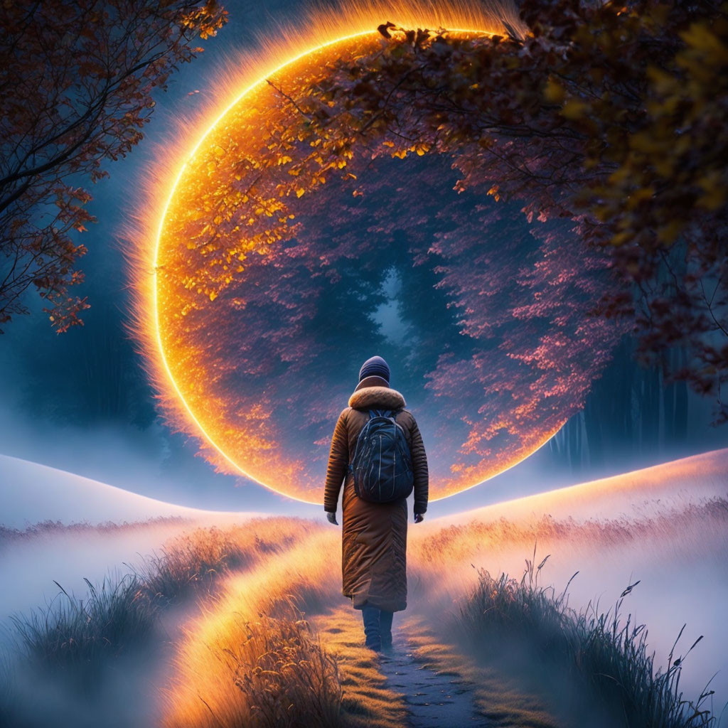 Person in winter coat walking towards glowing orange ring in misty, surreal landscape