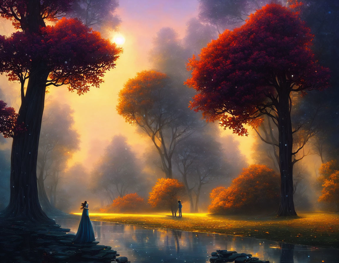 Colorful Fantasy Forest with Glowing Sunset and Reflective River