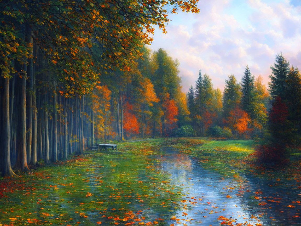 Tranquil autumn park with fallen leaves, bench, tall trees, and misty background