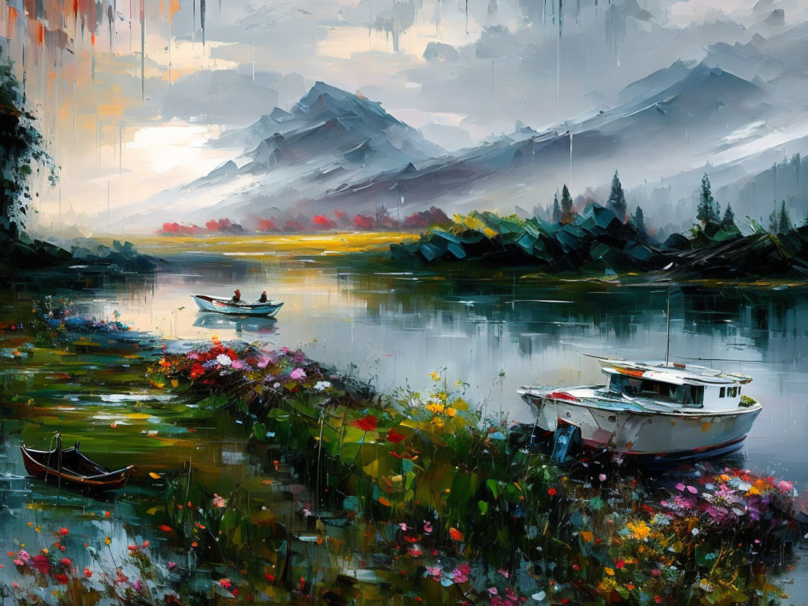 Impressionist painting of calm lake, boats, flowers, misty mountains