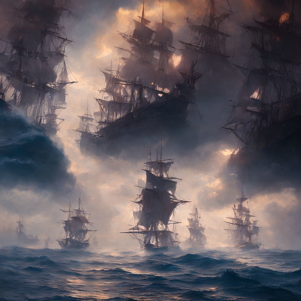 Ghostly sailing ships in mist with sunlight on turbulent sea