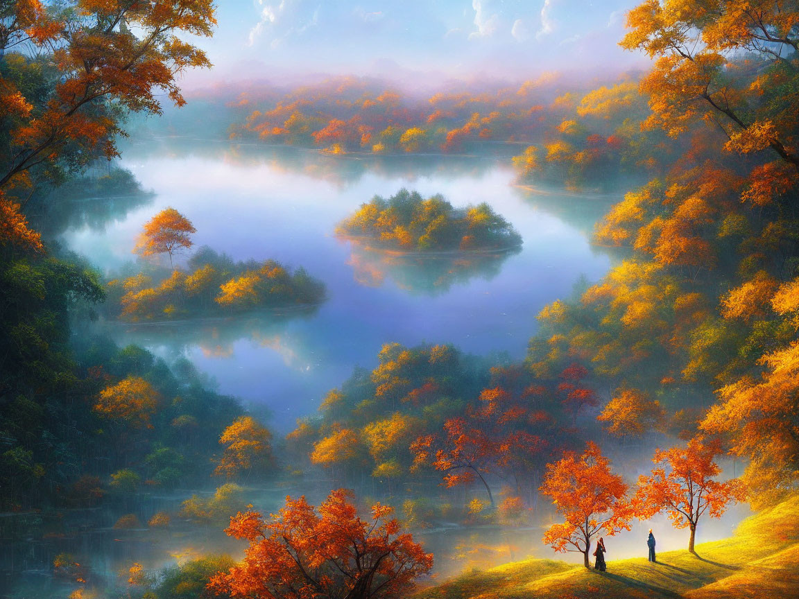 Vibrant fall colors frame serene lake with mist and figures