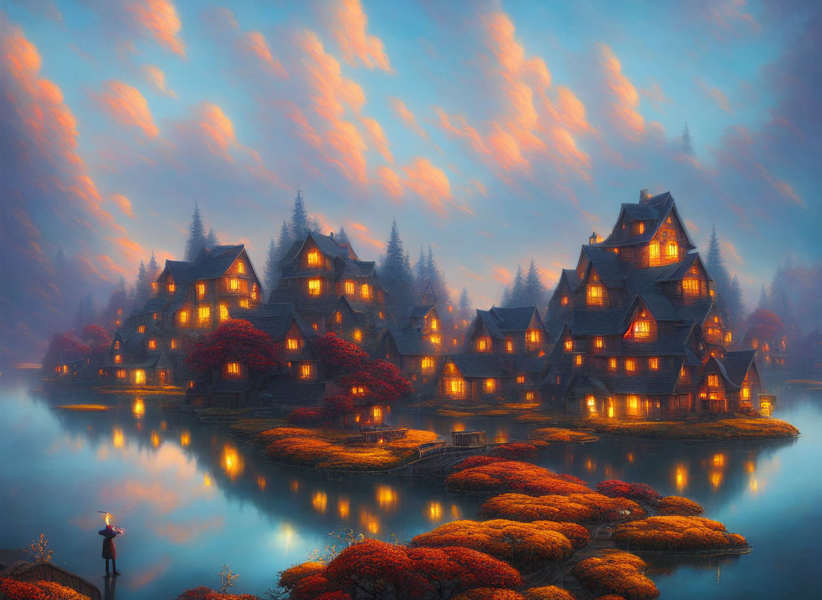 Tranquil dusk scene by lake with illuminated houses and autumn trees