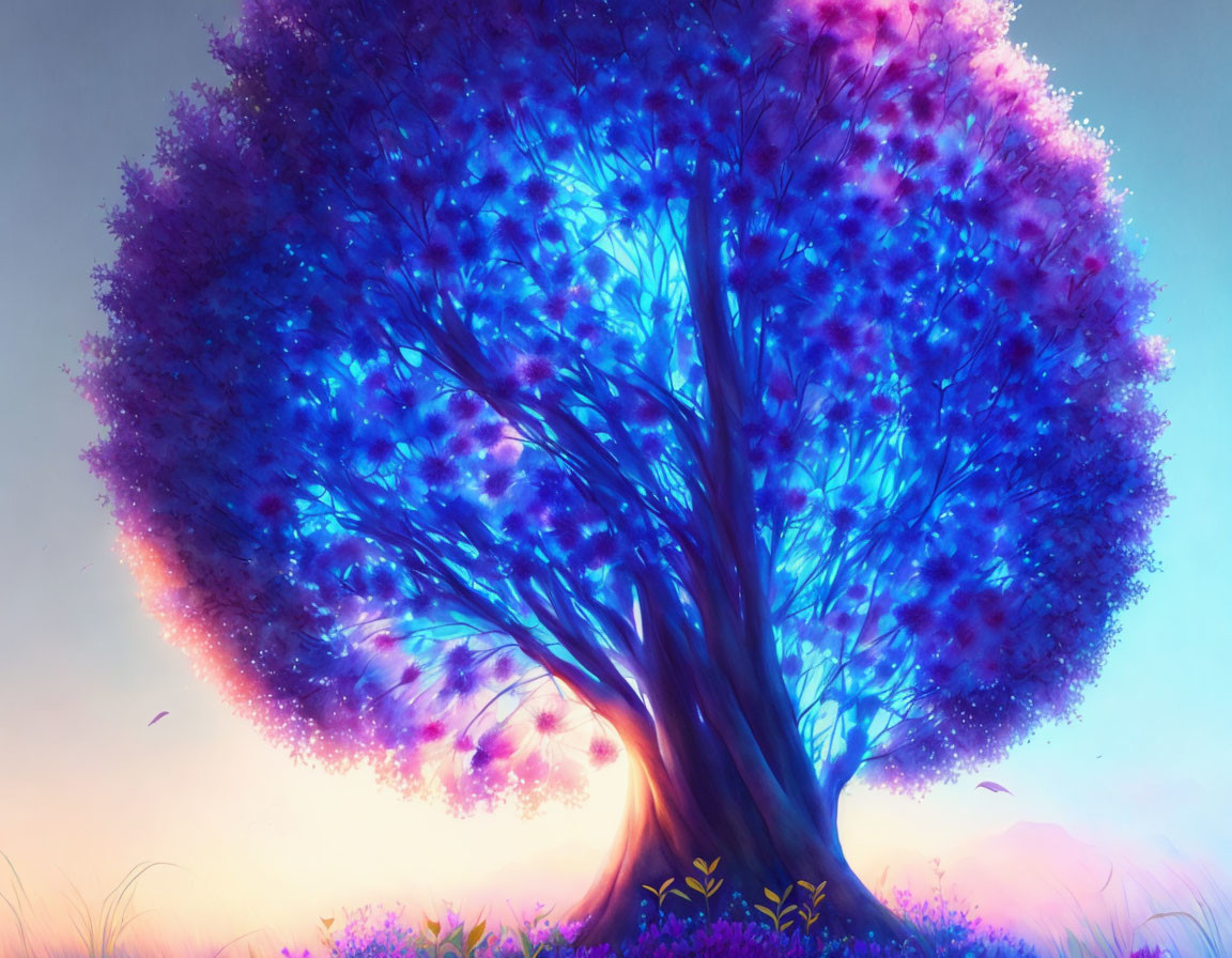 Colorful Tree Illustration with Luminous Canopy at Dusk