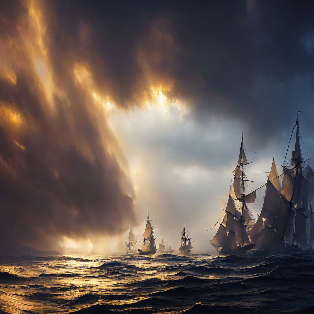 Sailing tall ships through stormy seas under sunlight.