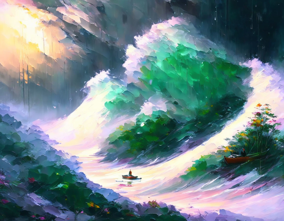 Colorful digital painting: small boat on river amid lush hills, sunlight through rain clouds