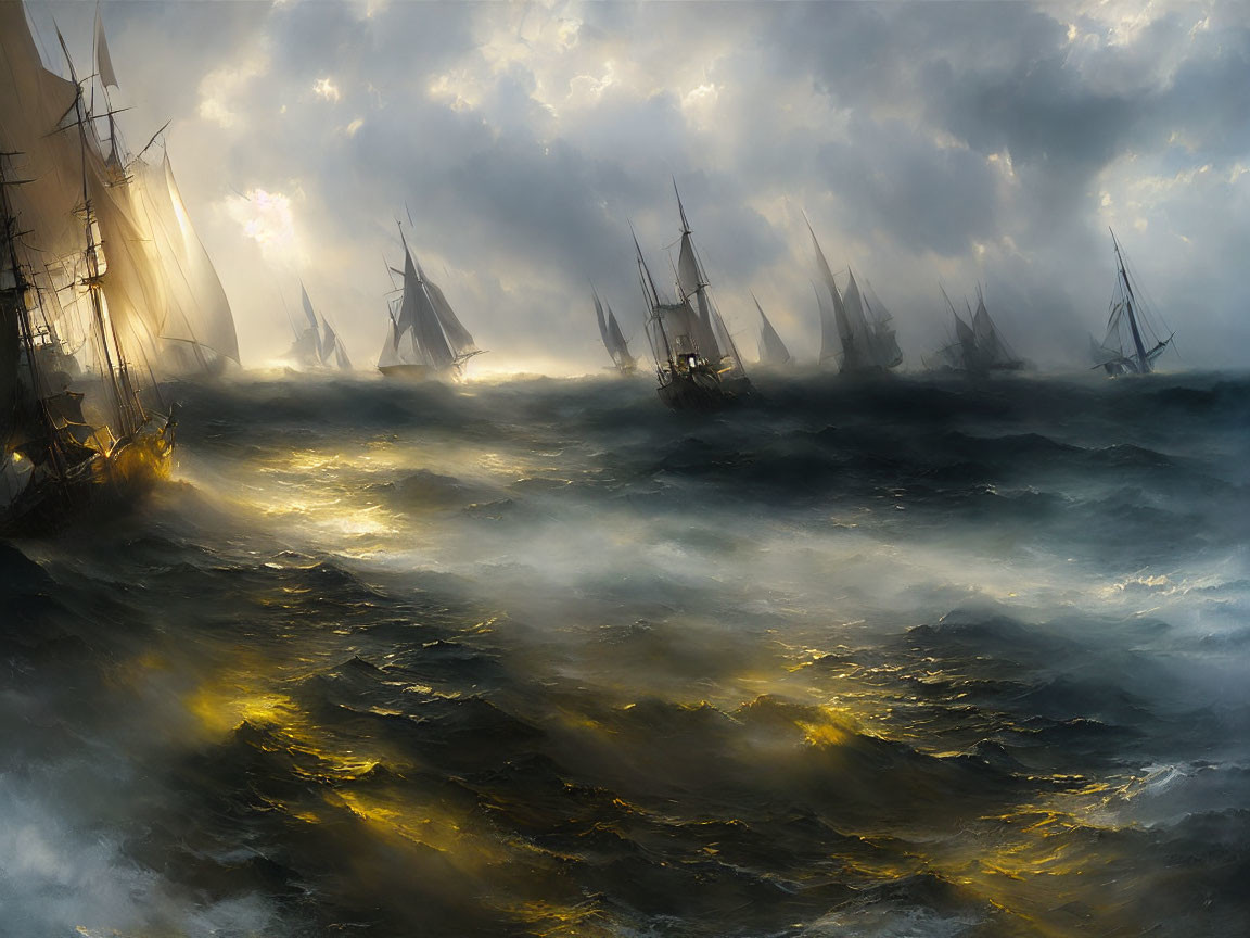 Turbulent sea battle under golden light in stormy clouds