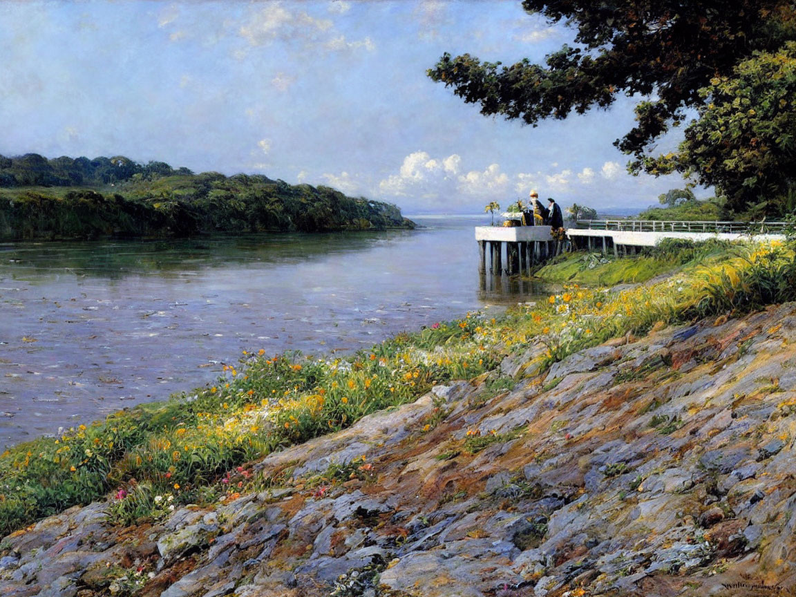 Tranquil riverside scene with people on jetty, lush greenery, wildflowers, and