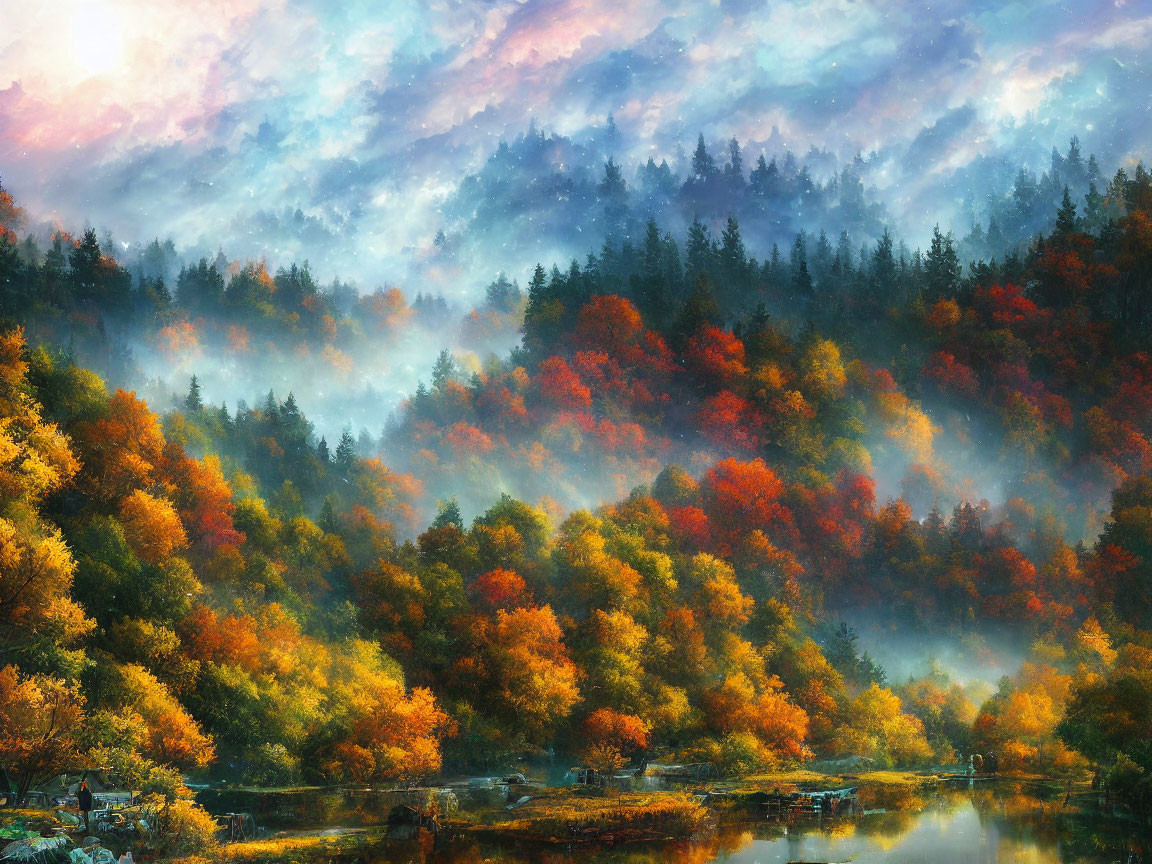 Autumn forest painting with golden and red foliage under dramatic sky