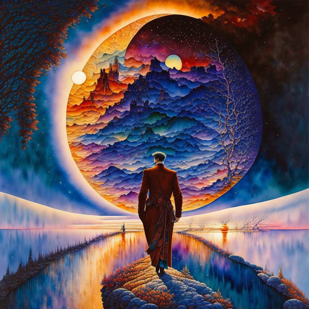 Person in vibrant robe in surreal landscape with layered mountains and celestial bodies