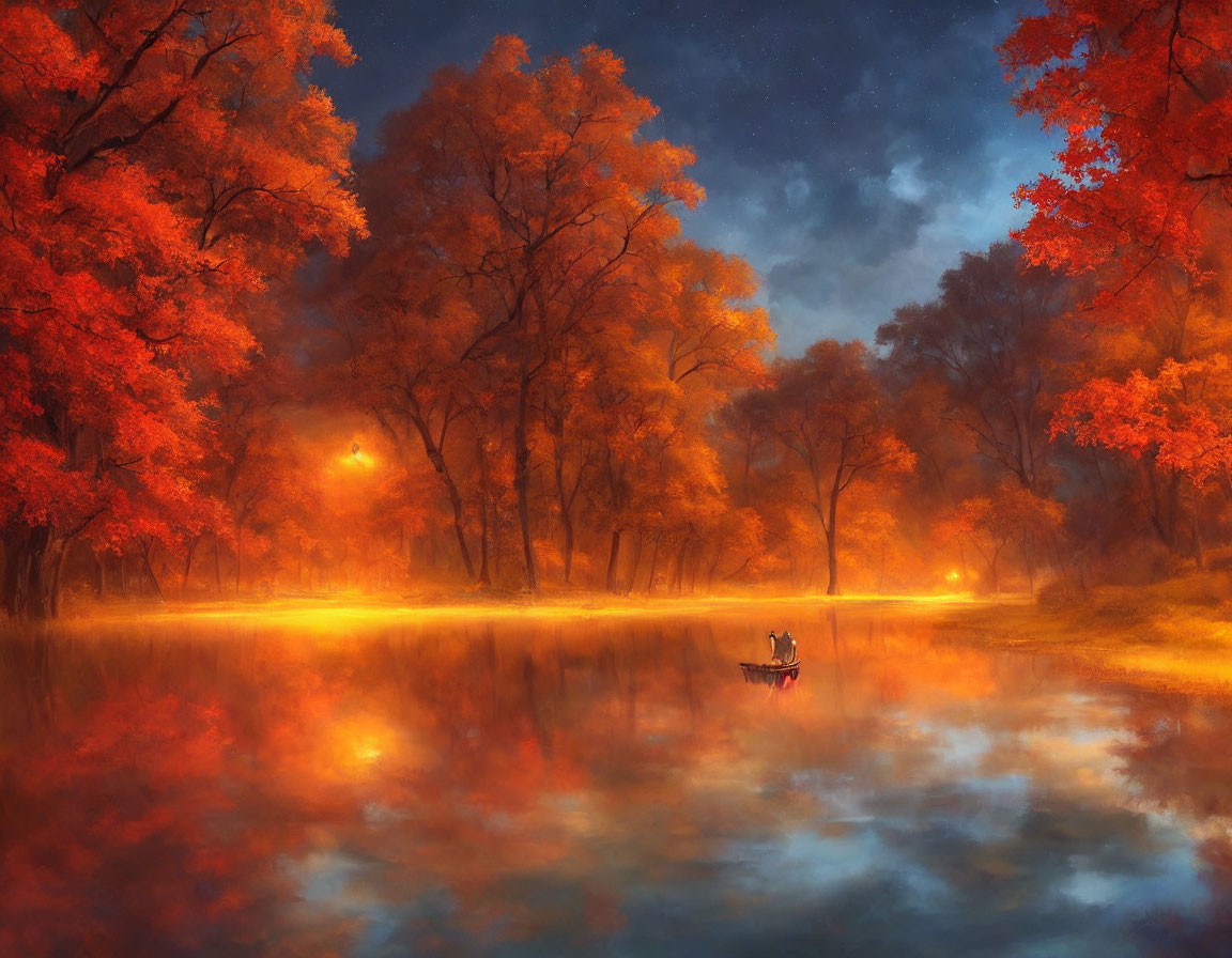 Tranquil autumn landscape: red trees, calm lake, person rowing boat