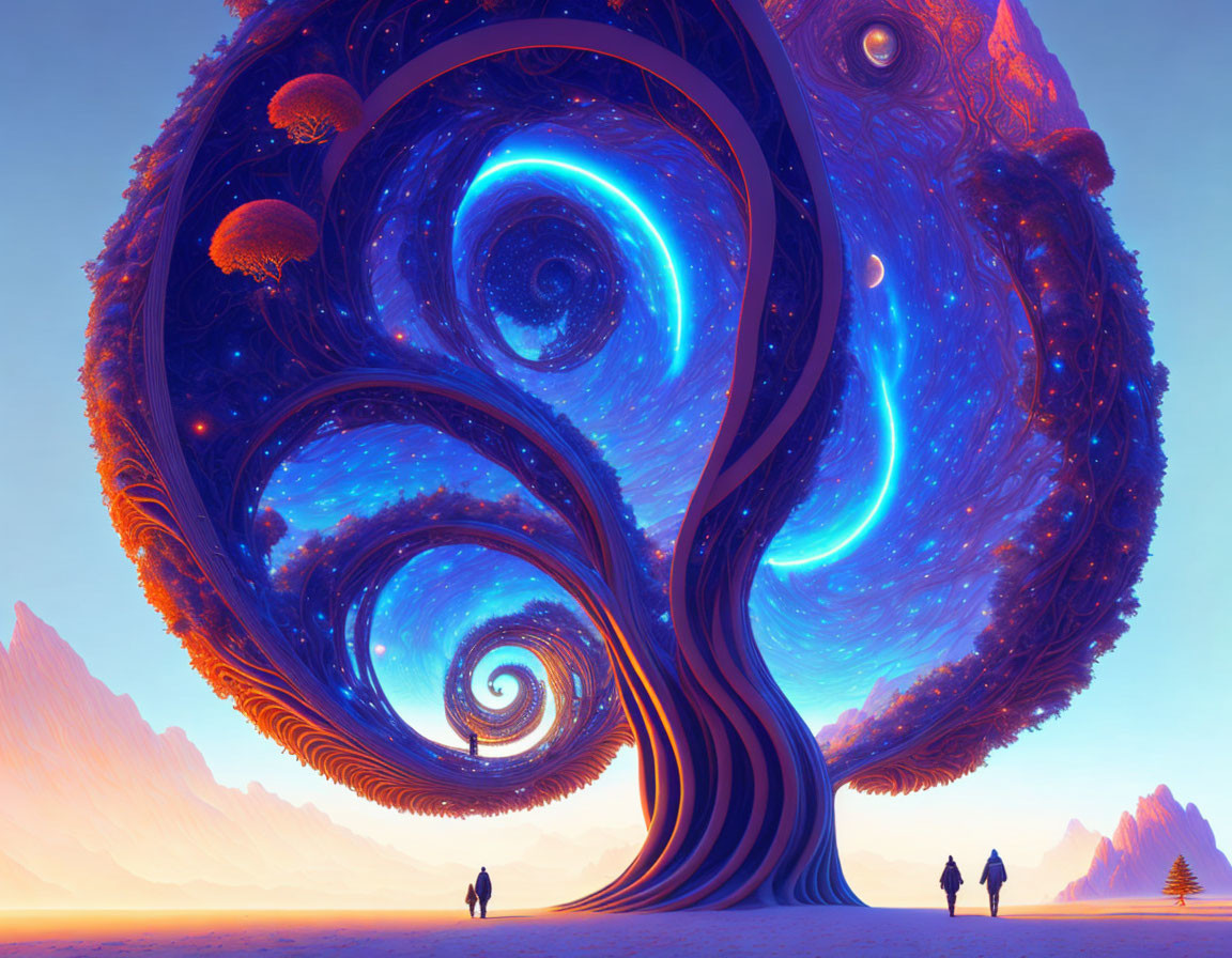 Fantastical swirling tree with cosmic patterns in surreal landscape.