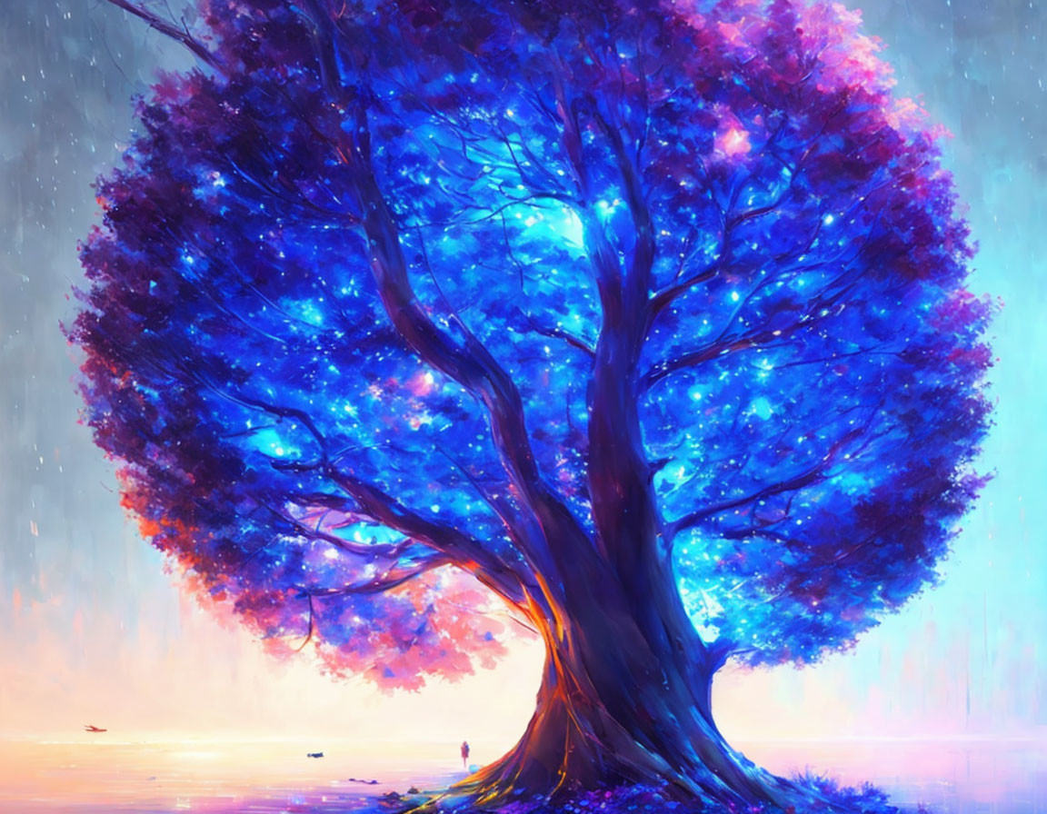 Colorful illustration: Large magical tree by tranquil sea under sunset sky