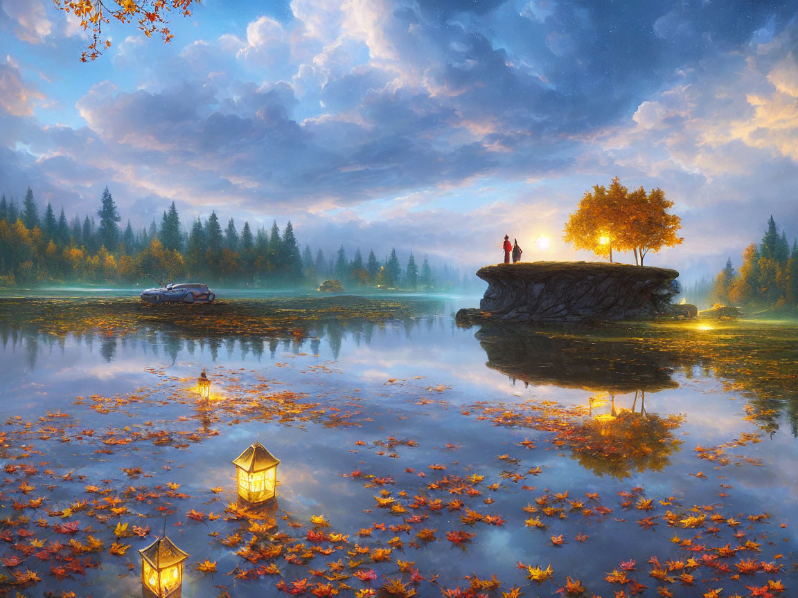 Tranquil lakeside sunset with floating lanterns, person on rocky outcrop, autumn leaves,