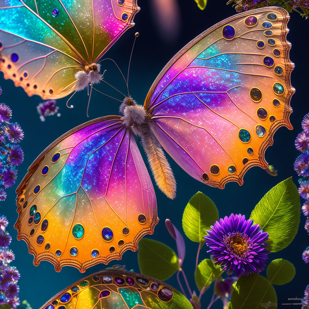 Colorful Fantasy Butterflies with Iridescent Wings and Dew Drops Fluttering Around Purple Flower