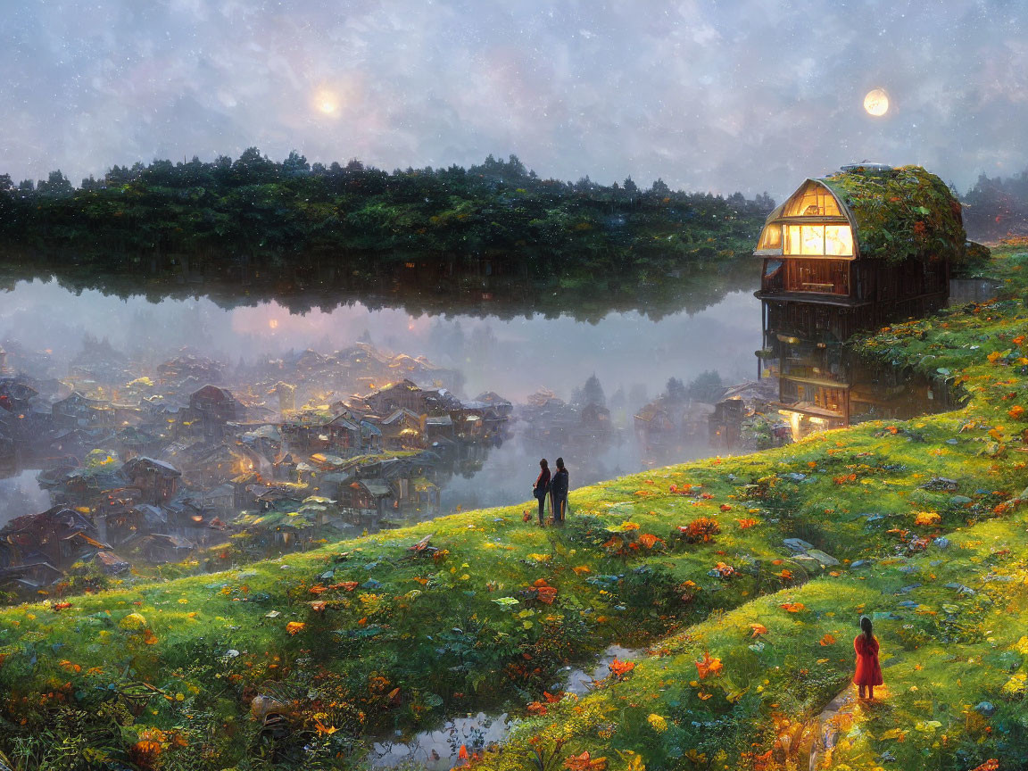 Tranquil lakeside scene with couple, illuminated cabin, child in red, village backdrop under mist