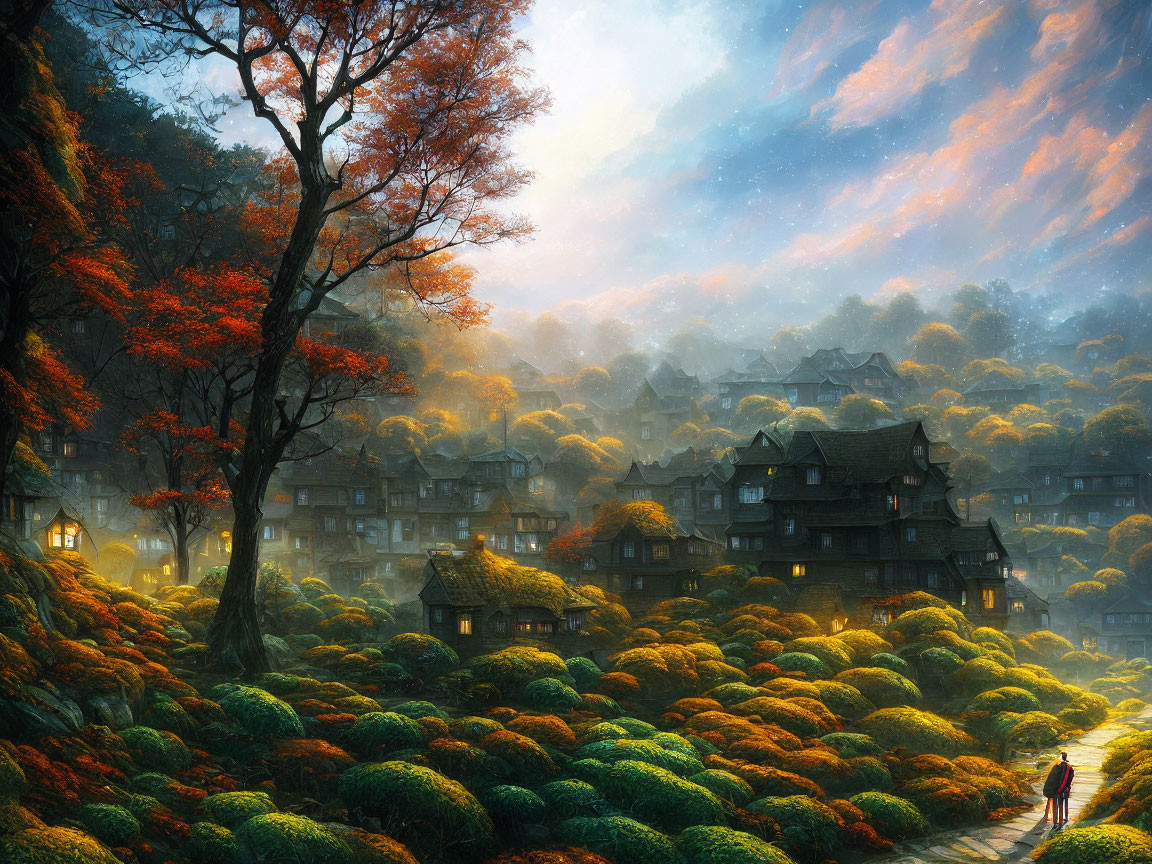 Tranquil village scene at sunset with autumn trees and rolling hills