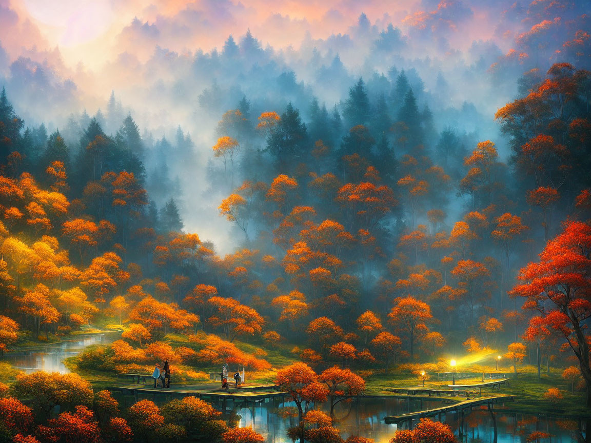 Scenic autumn forest with mist, sun, river, and people