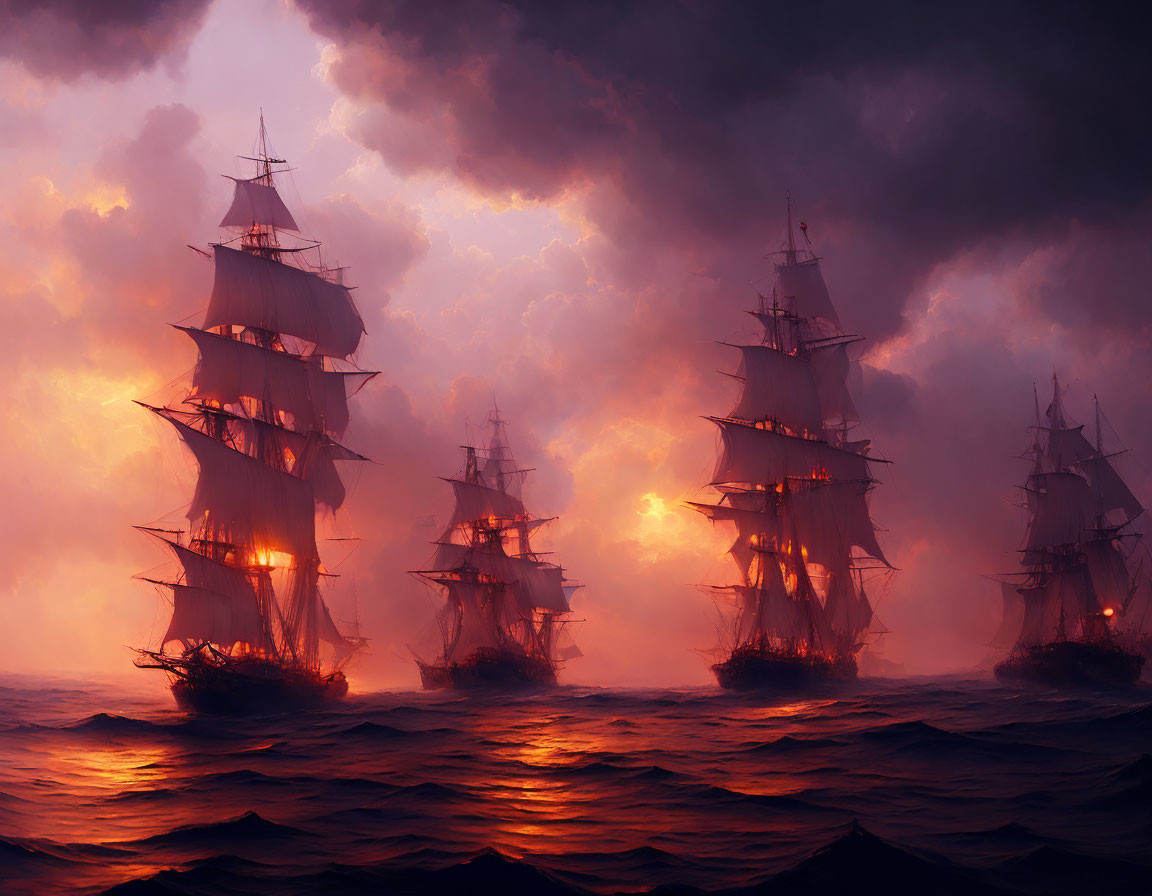 Tall ships with unfurled sails on misty ocean at dusk