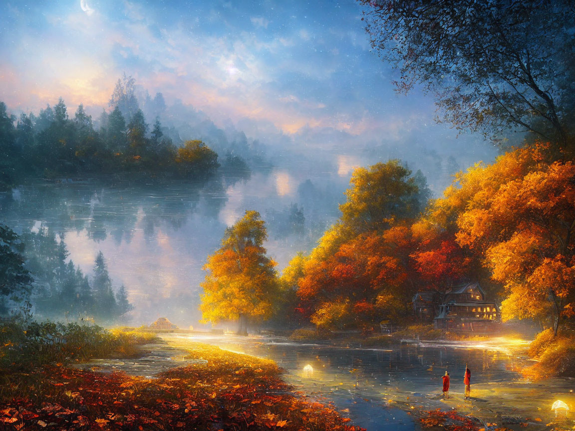 Tranquil autumn river scene with colorful foliage and quaint house at dusk