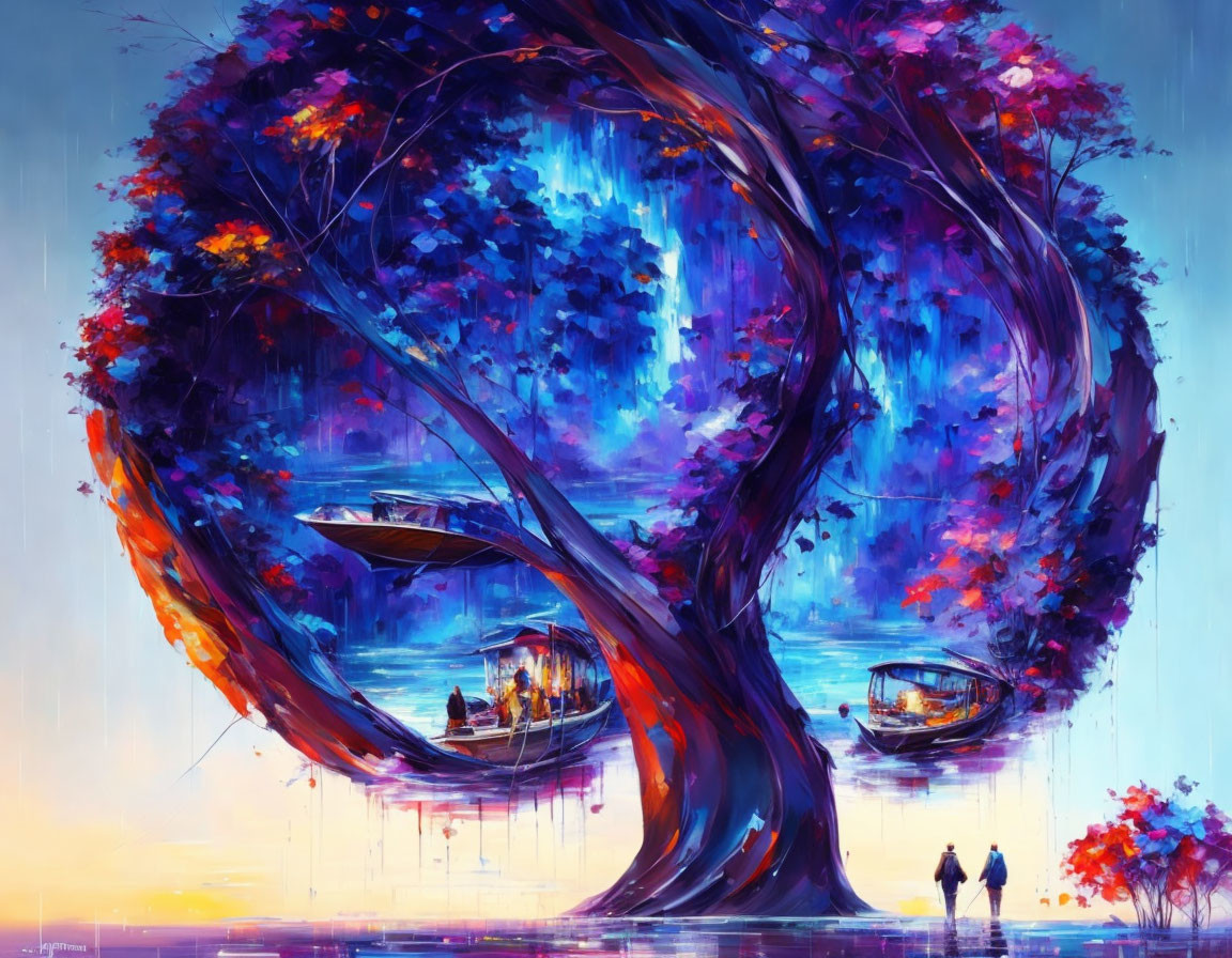 Colorful painting of enormous tree with people on platforms against blue and purple background