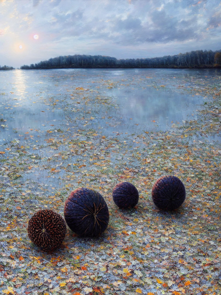 Tranquil autumn landscape with seed pods, lake, and tree line