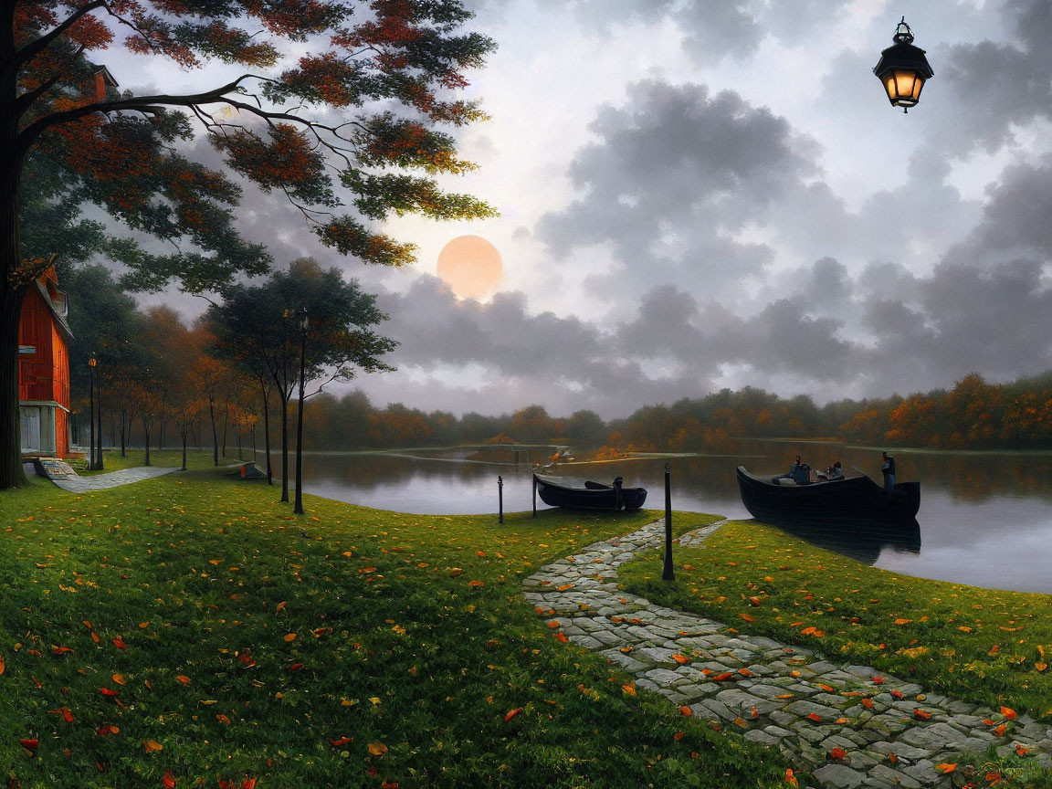 Tranquil autumn lake landscape with cobblestone path, red house, boats, fog, and